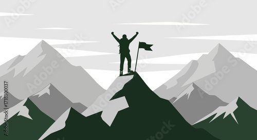 Overjoyed Climber Standing At Peak With A Raised Flag Achieving Mountain Summit Success