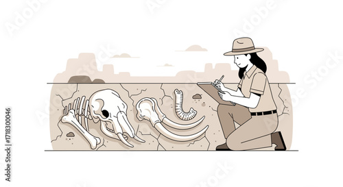 Paleontologist Documenting Mammoth Fossil Discoveries In A Desert Landscape Illustration
