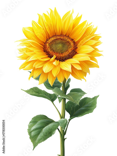 PNG Of A vibrant yellow sunflower with green leaves, showcasing its bright petals against a transparent background.