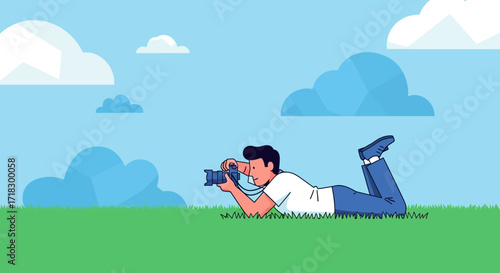 Photographer Captures Moment Lying Down, Outdoor Leisure, Conceptual Illustration, Summer Sky
