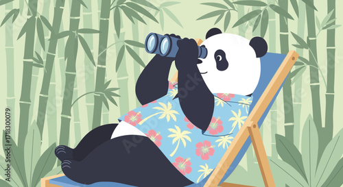 Panda Enjoying Leisure Time, Observing Nature, Bamboo Forest Backdrop, Colorful Illustration