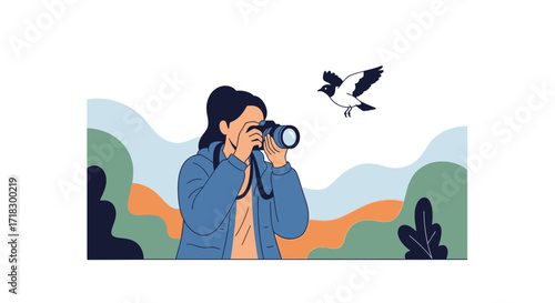 Photographer Capturing A Bird Mid-Flight, Nature Inspired Illustration, Minimalist Outdoors Scene