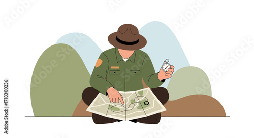 Park Ranger Examining Map With Compass Amidst Scenic Mountainous Backdrop
