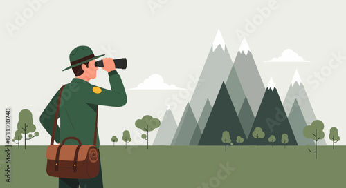 Park Ranger Exploring Mountains: Nature Enthusiast Using Binoculars for Observation