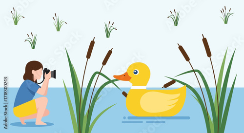 Photographer Capturing A Rubber Duck In A Serene Pond With Reeds And Tranquility