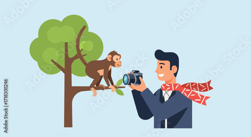 Photographer Capturing A Playful Monkey Posing On A Tree Branch, Illustration