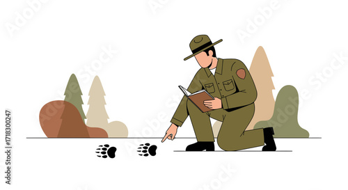 Park Ranger Examining Bear Tracks in Forest Illustrative Vector Art Depicting Nature