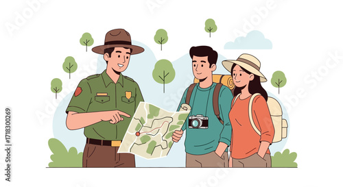 Park Ranger Guiding Couple With Map, Planning Hiking Trail For Their Adventure