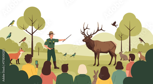 Park Ranger Illustrates Wildlife To Tourists During Their Nature Expedition Visit