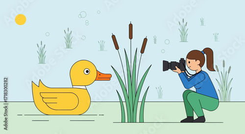 Photographer Capturing Adorable Duckling In A Peaceful Wetland Scene