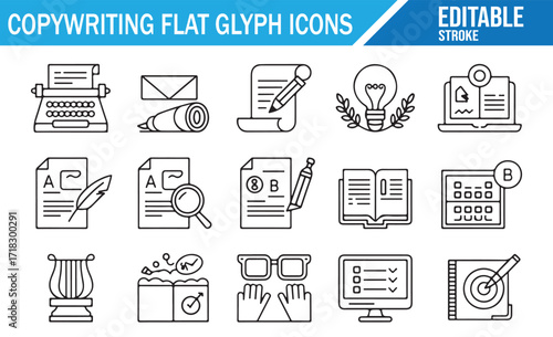 Copywriting vector stroke icons representing creativity, marketing, and writing