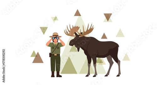 Park Ranger Observing Large Moose With Binoculars In Natural Environment Illustration