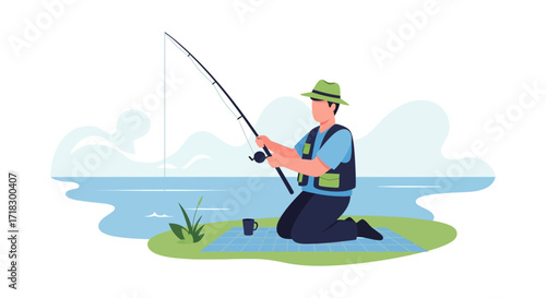 Peaceful Angler Kneeling by Waterside, Casting Rod, Enjoying Serene Lakeside Solitude