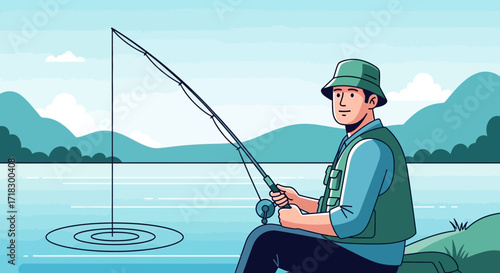 Peaceful Angler Fishing by a Serene Lake, Surrounded by Natural Green Landscape Scene