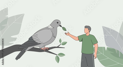 Peaceful Connection: A Man Offers a Leaf to a Pigeon In a Harmonious Scene
