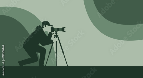 Photographer Capturing Imagery Amidst a Serene and Monochromatic Green Landscape Scene