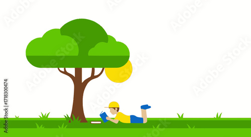 Peaceful Illustration of a Boy Reading a Book Under a Verdant Tree