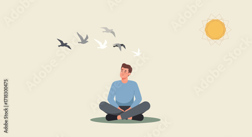 Peaceful Contemplation: A Man Gazes Skyward as Birds Soar Under a Warm Sun
