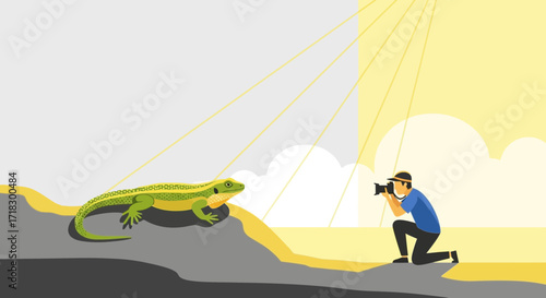 Photographer Capturing Lizard Under Sunlight For Nature Photography Adventure