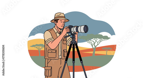 Photographer Capturing Pictures Of African Wildlife In Scenic Landscape Backgrounds