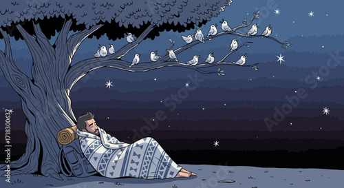 Peaceful Person Sleeping Under Starry Night Sky, Surrounded By Serene Birdsong