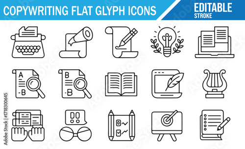 Editable copywriting and content creation line glyph icons for SEO and publishing