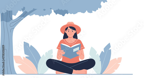 Peaceful Reading Under The Shade: A Relaxing Illustration of Woman Enjoying a Book