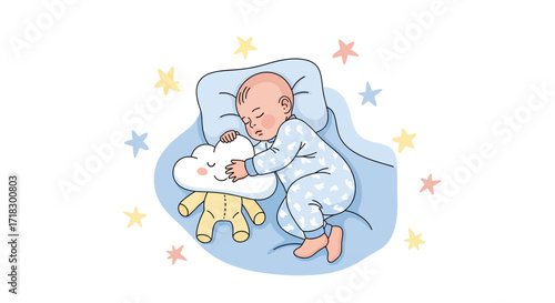 Peaceful Slumber: A Serene Illustration Of A Sleeping Baby Hugging A Cloud