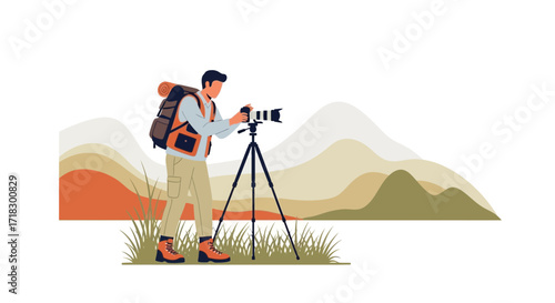 Photographer Exploring Landscapes Capturing Nature Scenes Using Advanced Equipment and Gear