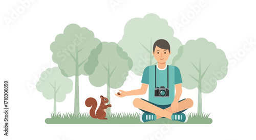 Photographer Interacting With Squirrel In Peaceful Park Setting With Lush Greenery
