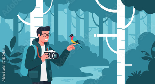 Photographer Interacting With Bird In Forest, Nature Inspired Flat Vector Illustration