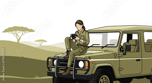 Photographer Resting On Safari Vehicle Exploring Exotic Landscapes In A Cinematic Illustration
