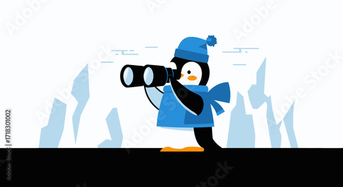 Penguin Observing Through Binoculars In Snowy Antarctic Landscape, Cute Cartoon Design
