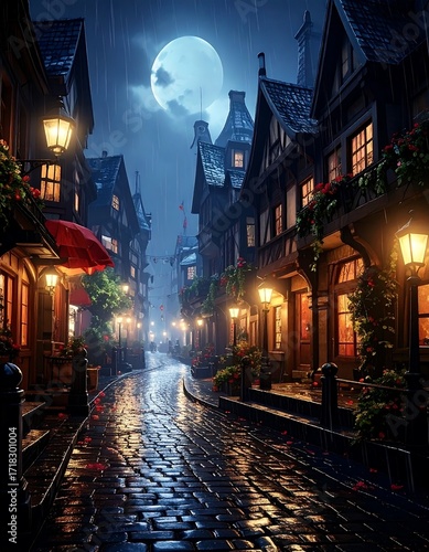 Rainy night in a medieval town