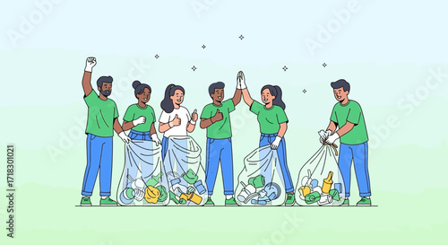 People Collaborating To Collect Waste, Displaying Community Spirit And Environmental Care