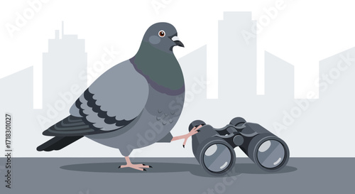 Pigeon Observes With Binoculars Amidst The Urban Landscape In A Flat Illustration