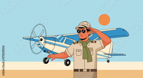 Pilot In Outfit Saluting Near A Plane During The Day With The Sun High Above Us