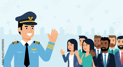 Pilot Greets Passengers, Airplane Departure, Travel Theme, Modern Flat Illustration