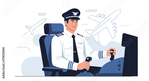 Pilot In Cockpit Controls Airplane, Aviation Profession, Flight, Aircraft, Transportation