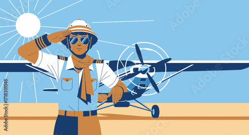Pilot Wearing Hat Standing In Front Of Plane With Sun In Background