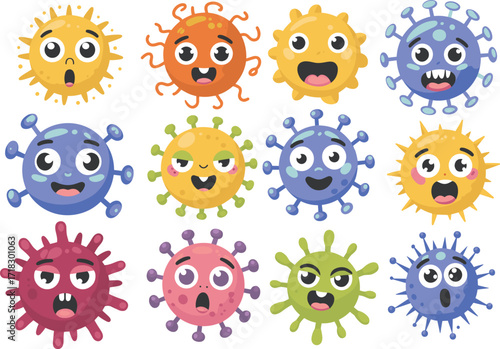 Cartoon virus illustration, emotional germs, colorful microbes, funny pathogen characters, health education design, animated bacteria icon set