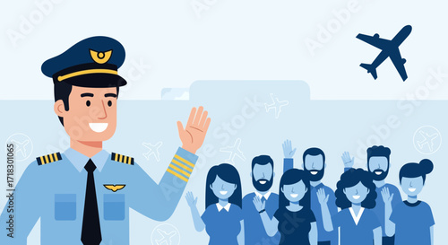 Pilot Welcoming Passengers Before Flight Departure With Waving Hands And Smiling Faces
