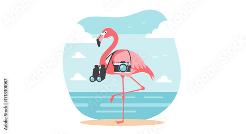 Pink Flamingo Tourist with Camera and Binoculars Enjoying Scenic Seaside Vacation