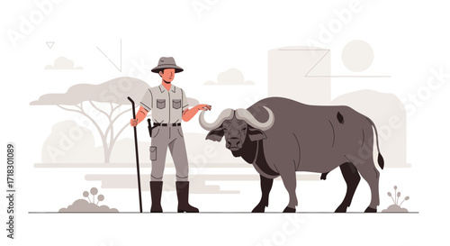Person And Cape Buffalo Standing Together In African Savanna Digital Illustration