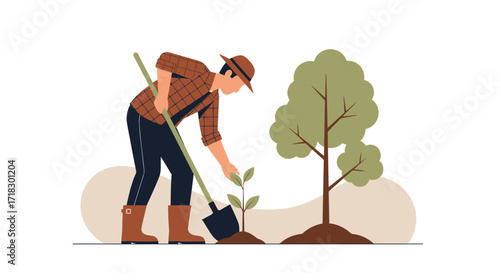 Planting A Tree: Environmental Conservation And Sustainable Living Illustrated Concept