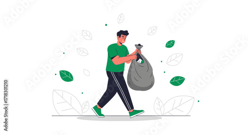 Person Carrying Trash Bag Amidst Leaves, Concept of Environmental Responsibility and Protection