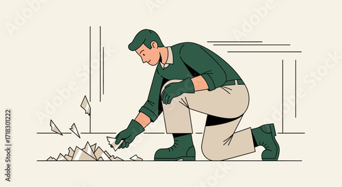 Person Cleaning Shattered Debris After Accident, Illustration, Vector Design