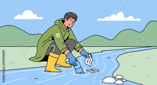 Person Cleaning River, Representing Environmental Preservation and Community Support Effort