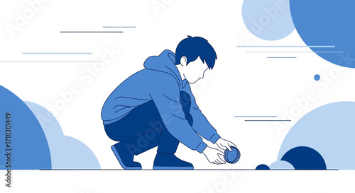 Person Crouching Down to Put A Blue Lid on The Ground Abstract Vector Illustration