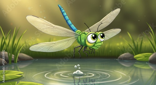 Cartoon dragonfly near pond